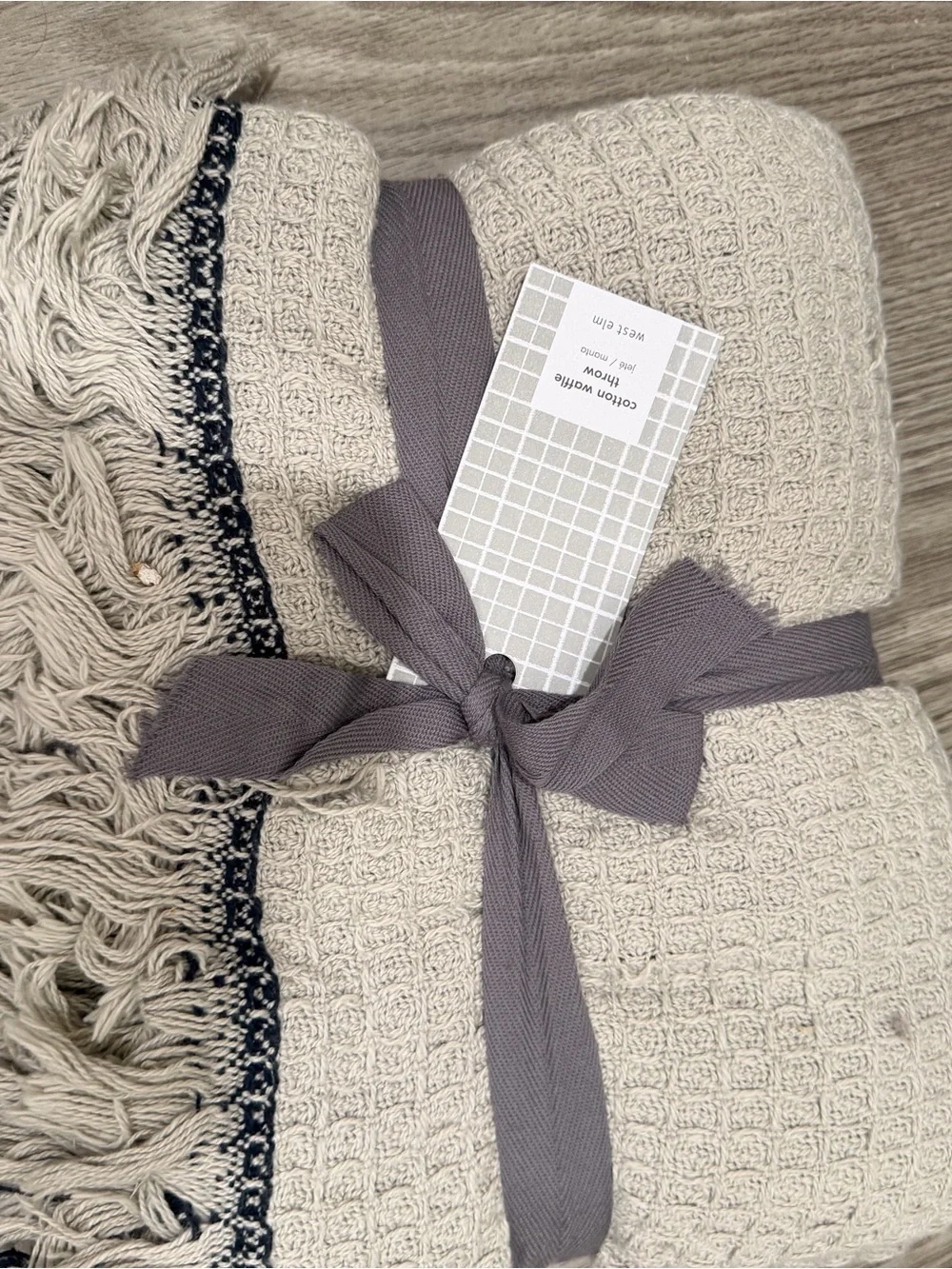 West Elm Waffle Weave Throw Blanket in Light Beige with Fringe